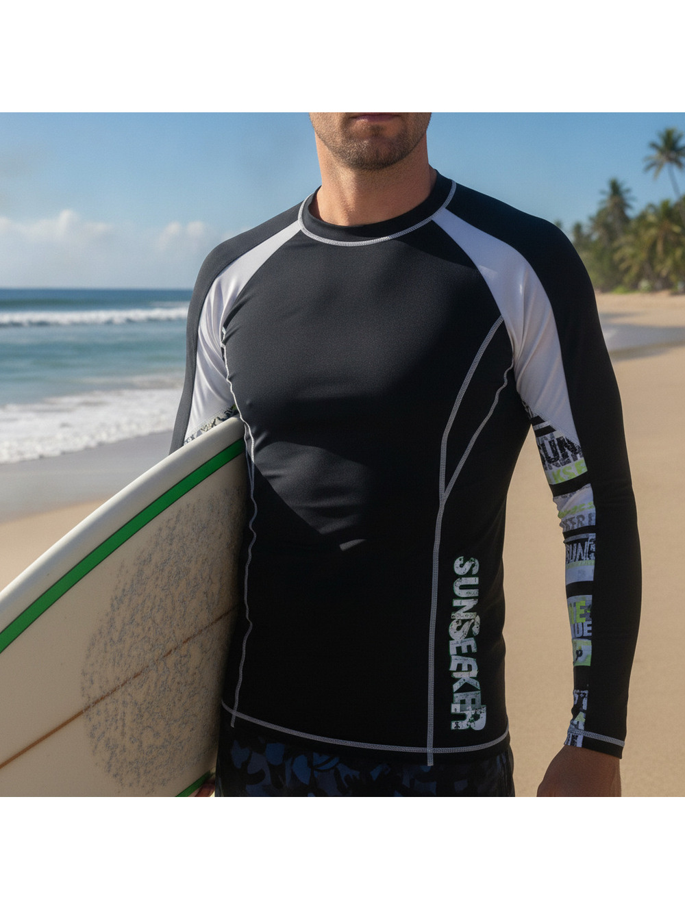 Sun Seeker Rash Guard, Size XL, Black, White, Neon Yellow, Surf, Beach, NWOT